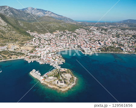 Protected bay surrounded by traditional Mediterranean hillside town Turkey Protected bay surrounded by traditional Mediterranean hillside town Turkey 129561656