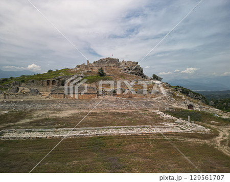 Aerial view of Tlos acropolis and theater above Seydikemer, Mugla, Turkiye Aerial view of Tlos acropolis and theater above Seydikemer, Mugla, Turkiye 129561707