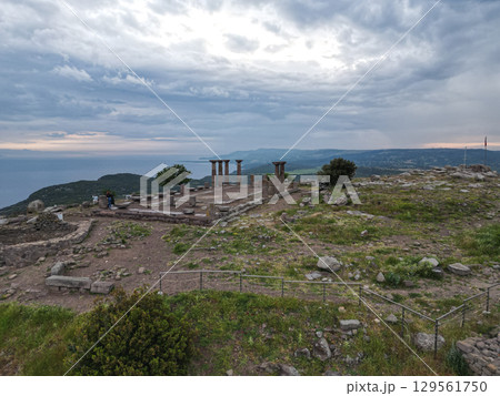 Aerial view of ancient ruins of Pergamon Acropolis in Bergama Turkey 129561750