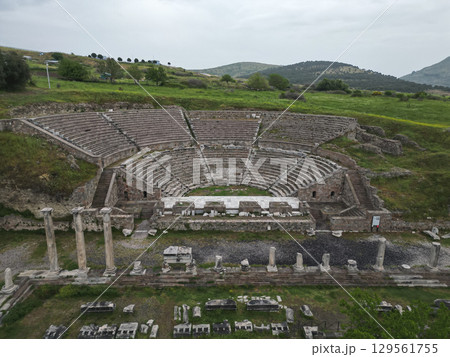 Aerial view of ancient theater and columns in historic Pergamon Turkey Aerial view of ancient theater and columns in historic Pergamon Turkey 129561755