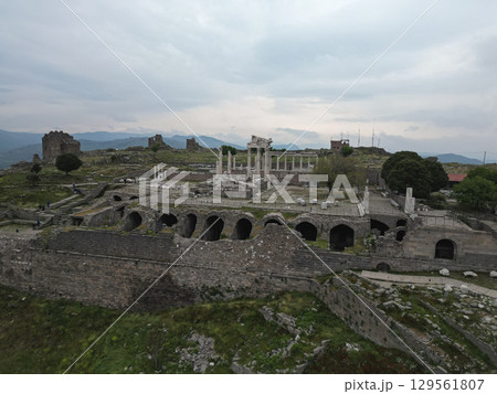 Ancient Pergamon Acropolis ruins in Bergama Turkey with stone structures 129561807