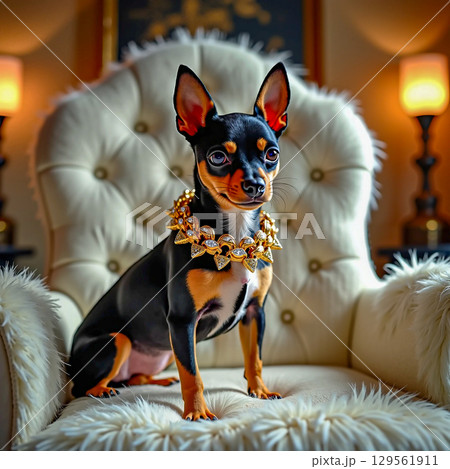 A pet in luxurious conditions. The Chihuahua is adorned with a large, ornate gold necklace studded with precious stones. 129561911