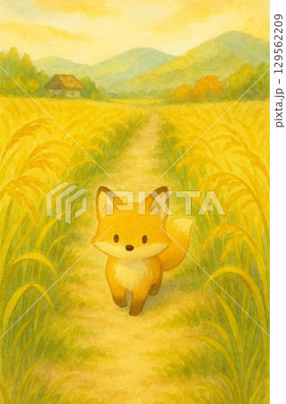 黄金色の稲穂道を歩く子ぎつねの風景 129562209
