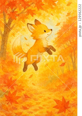 紅葉の森で跳ねる元気な子ぎつね 紅葉の森で跳ねる元気な子ぎつね 129562222