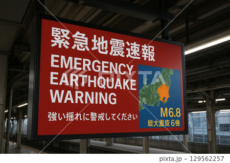 緊急地震速報を表示するデジタルサイネージ 129562257