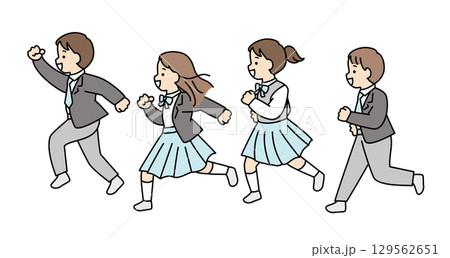 制服を着て走る学生　男女　制服　横顔　学校　全身 129562651
