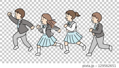 制服を着て走る学生　男女　制服　横顔　学校　全身 129562651