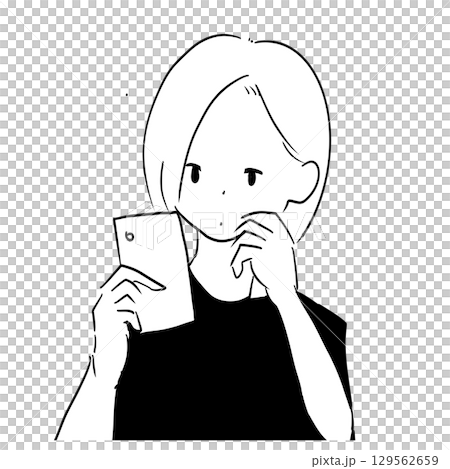 頬杖をつきながらスマホを見ている女性のモノクロイラスト 129562659