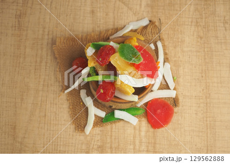 top view of dried fruits in a container  129562888