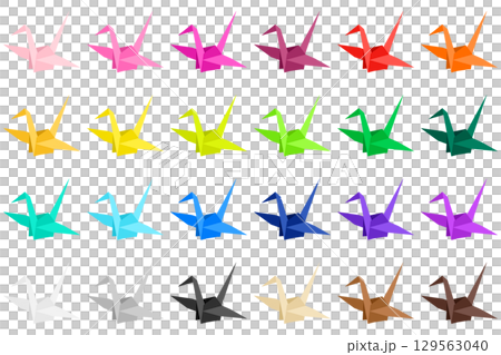 Simple illustration of a paper crane. Colorful origami paper set of 24 colors. 129563040