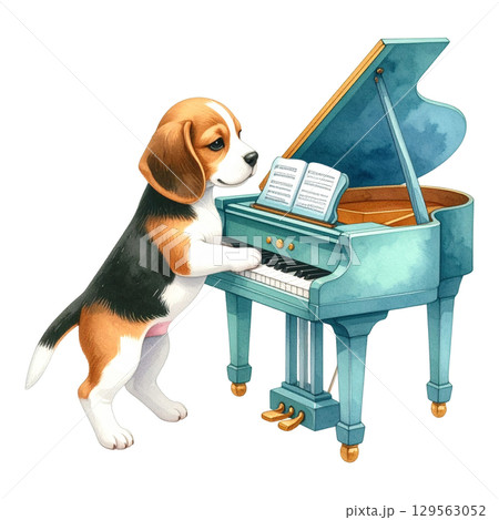 おもちゃのグランドピアノを演奏するビーグルの子犬1／チラシやポスター用素材 129563052
