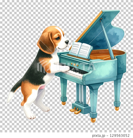 比格犬小狗彈奏玩具三角鋼琴 1 / 傳單和海報材料 129563052