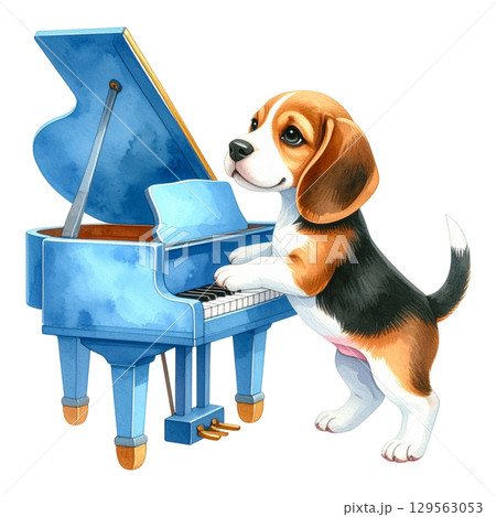 おもちゃのグランドピアノを演奏するビーグルの子犬2／チラシやポスター用素材 129563053