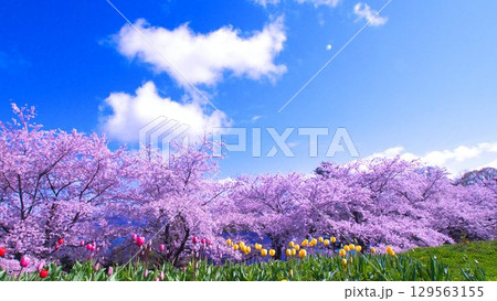 美しい北海道の桜並木 129563155