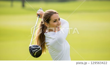 気持ちよさそうにゴルフをする女性8　AI生成画像 129563422