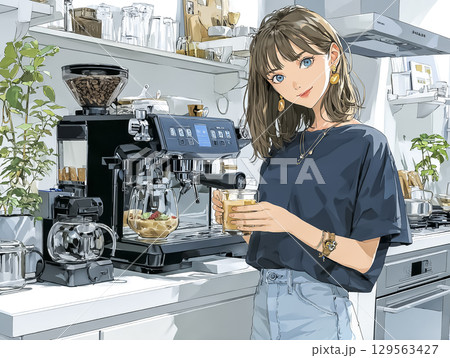 休日の午後にカフェ風ドリンクを作る女性 129563427