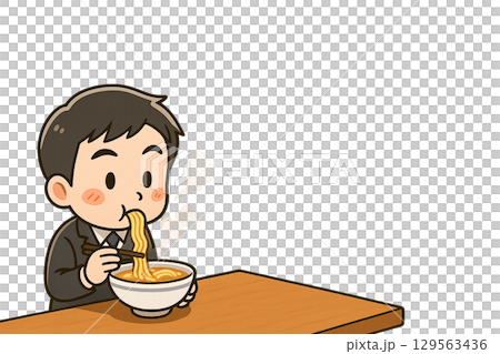 Illustration of a miniature male customer eating hot ramen while letting it cool 129563436