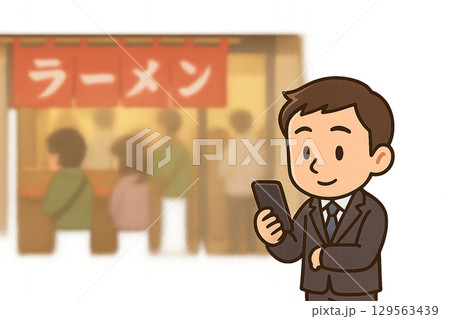 行列に並びながらスマホを操作するミニキャラ男性客のイラスト 129563439