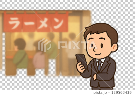 Illustration of a miniature male customer operating a smartphone while waiting in line 129563439
