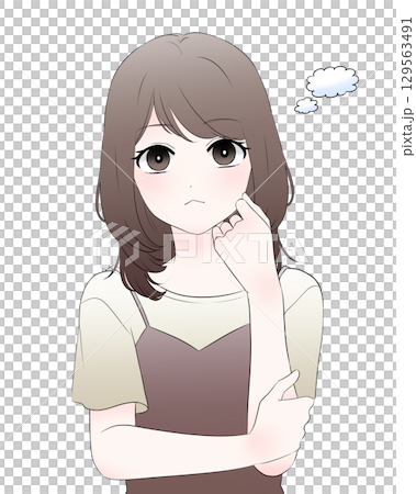 A woman thinking with her hand on her cheek, upper body, simple 129563491