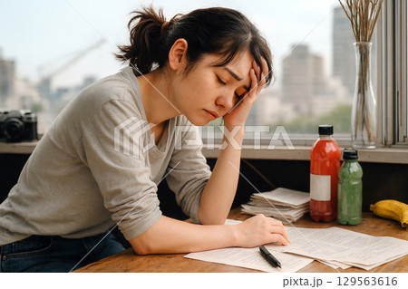 頭を抱えて悩む女性 129563616