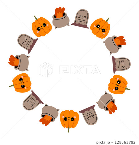 Simple Halloween circle frame. Cute Halloween frame border on white background. The round vector design with soft colors, perfect for spooky autumn decorations, banners, stickers, ads, sale. Simple Halloween circle frame. Cute Halloween frame border on white background. The round vector design with soft colors, perfect for spooky autumn decorations, banners, stickers, ads, sale. 129563782