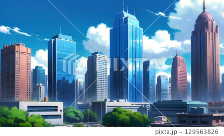 ゲーム背景　新宿をイメージした現代ビル街都市風景 129563826