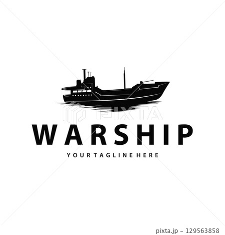 Warship logo design concept black silhouette of ocean liner with heavy weapons design as illustration of poster template or product brand 129563858