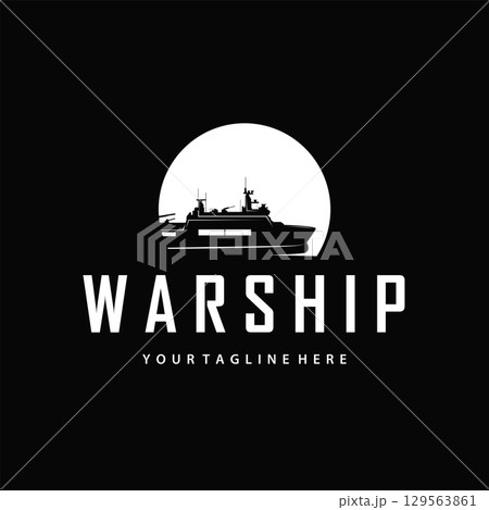 Warship logo design concept black silhouette of ocean liner with heavy weapons design as illustration of poster template or product brand Warship logo design concept black silhouette of ocean liner with heavy weapons design as illustration of poster template or product brand 129563861