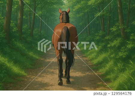 森の小道を進む馬の後ろ姿 129564176