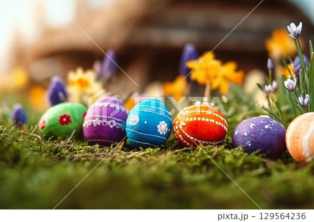 Easter eggs on the meadow with fresh green grass. Concept of the Easter celebration. Easter eggs on the meadow with fresh green grass. Concept of the Easter celebration. 129564236
