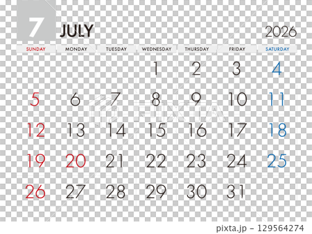 2026 年 7 月曆從星期日開始 129564274