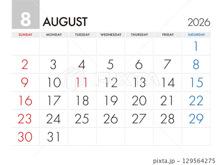 2026年8月のカレンダー 日曜始まり 129564275