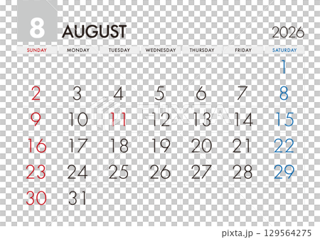 2026年8月のカレンダー 日曜始まり 129564275