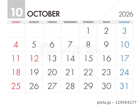 2026年10月のカレンダー 日曜始まり 129564277