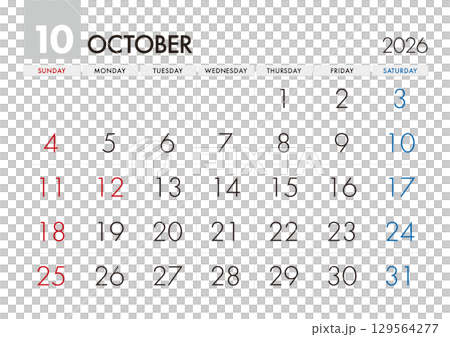 2026年10月のカレンダー 日曜始まり 129564277