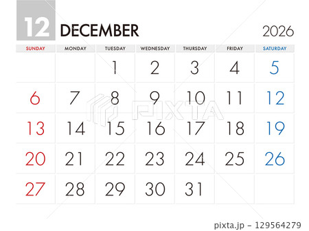 2026年12月のカレンダー 日曜始まり 129564279