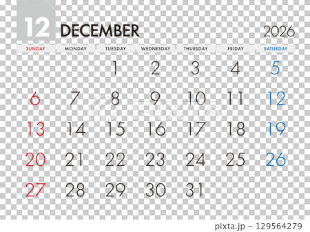 2026年12月のカレンダー 日曜始まり 129564279
