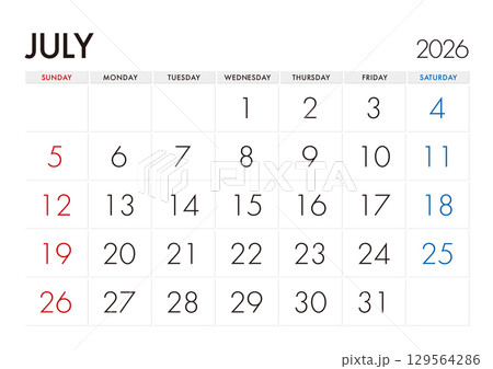 2026年7月のカレンダー 日曜始まり 日本の祝日表記無し 129564286