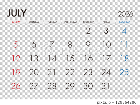 2026年7月のカレンダー 日曜始まり 日本の祝日表記無し 129564286