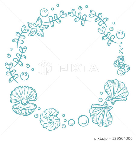 Doodle wreath of shells, pearls, seaweed and bubbles. Frame on the theme of sea vacation. Vector illustration 129564306