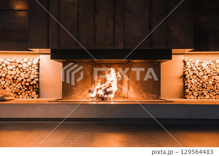 A sleek dark metal fireplace with a roaring fire, flanked by neatly stacked logs and warm ambient lighting in a high end Italian Alps setting. A sleek dark metal fireplace with a roaring fire, flanked by neatly stacked logs and warm ambient lighting in a high end Italian Alps setting. 129564483