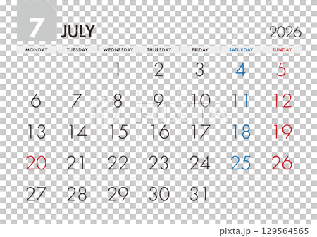 2026 年 7 月曆從星期一開始 129564565