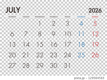 2026 年 7 月曆從星期一開始，無日本假期 129564583