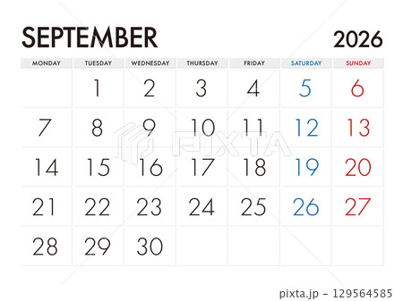 2026年9月のカレンダー 月曜始まり 日本の祝日表記無し 129564585
