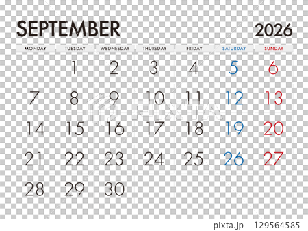 2026年9月のカレンダー 月曜始まり 日本の祝日表記無し 129564585