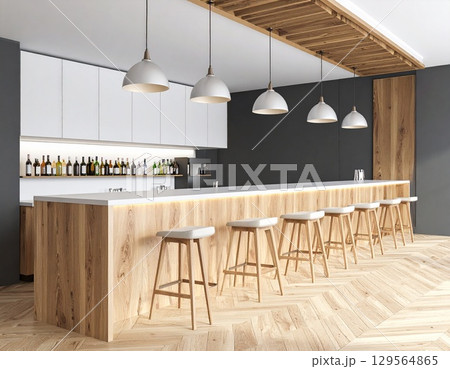 木製カウンターとガラス照明が映えるおしゃれなバー3　AI生成画像 129564865