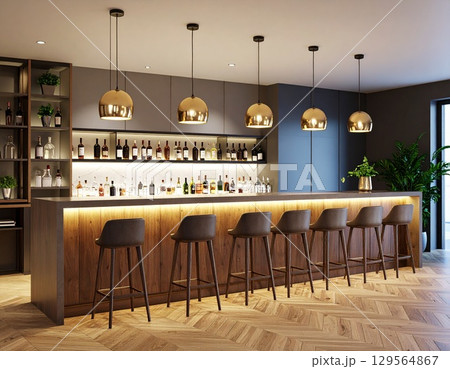 木製カウンターとガラス照明が映えるおしゃれなバー5　AI生成画像 129564867