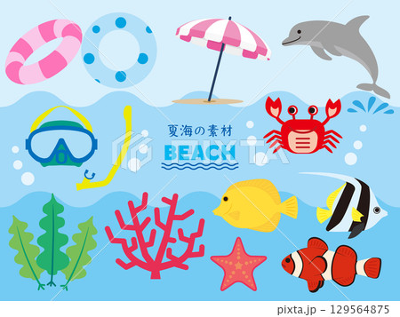 海　夏　ビーチパラソル　イルカ　スキューバ　浮き輪　熱帯魚　珊瑚　わかめ　カラーイラスト 129564875