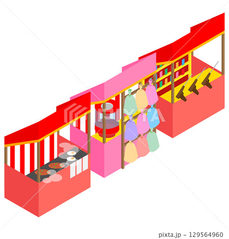屋台が並ぶお祭りのアイソメトリックイラスト 129564960